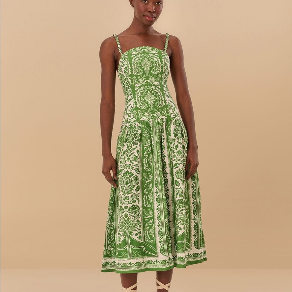 FARM Rio Green and Cream Midi Dress